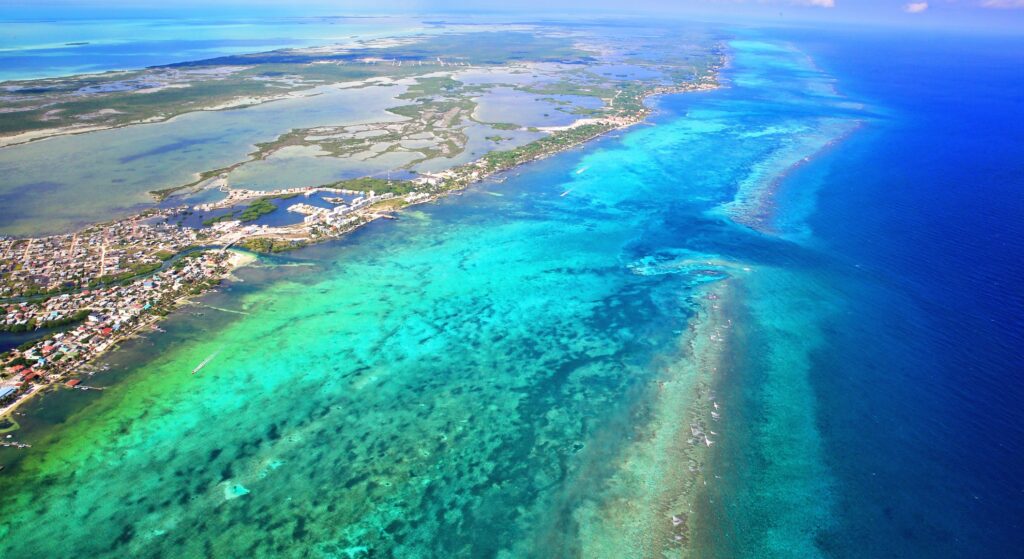 Aerial perspective of Cayman Island in the Caribbean, highlighting its vibrant coastline and clear blue waters.
