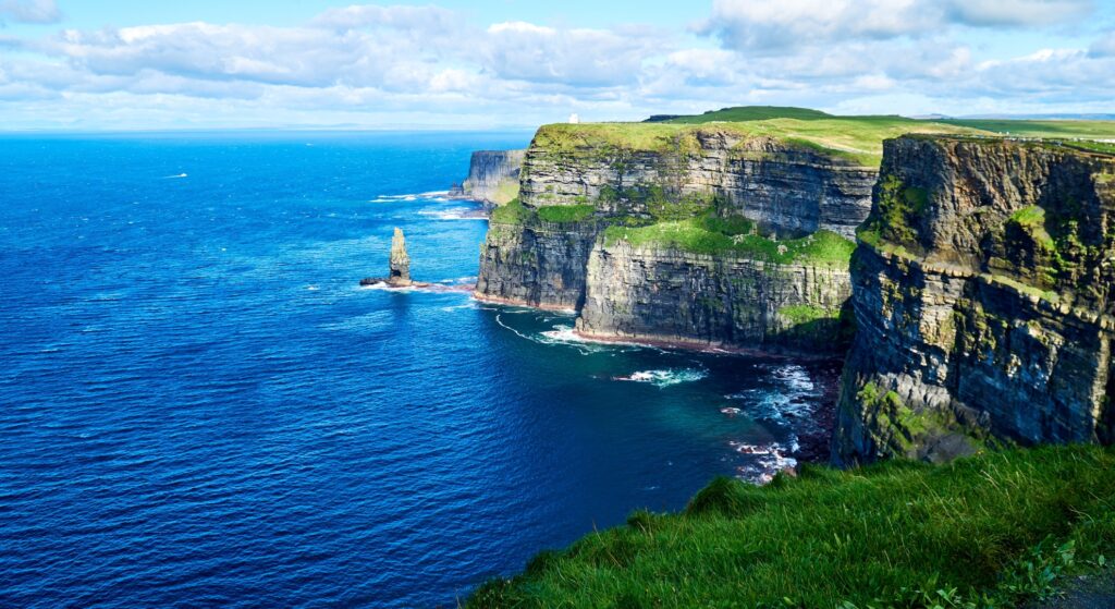 Cliffs of Moher in County Clare, Ireland, showcasing dramatic sea cliffs against a cloudy sky.