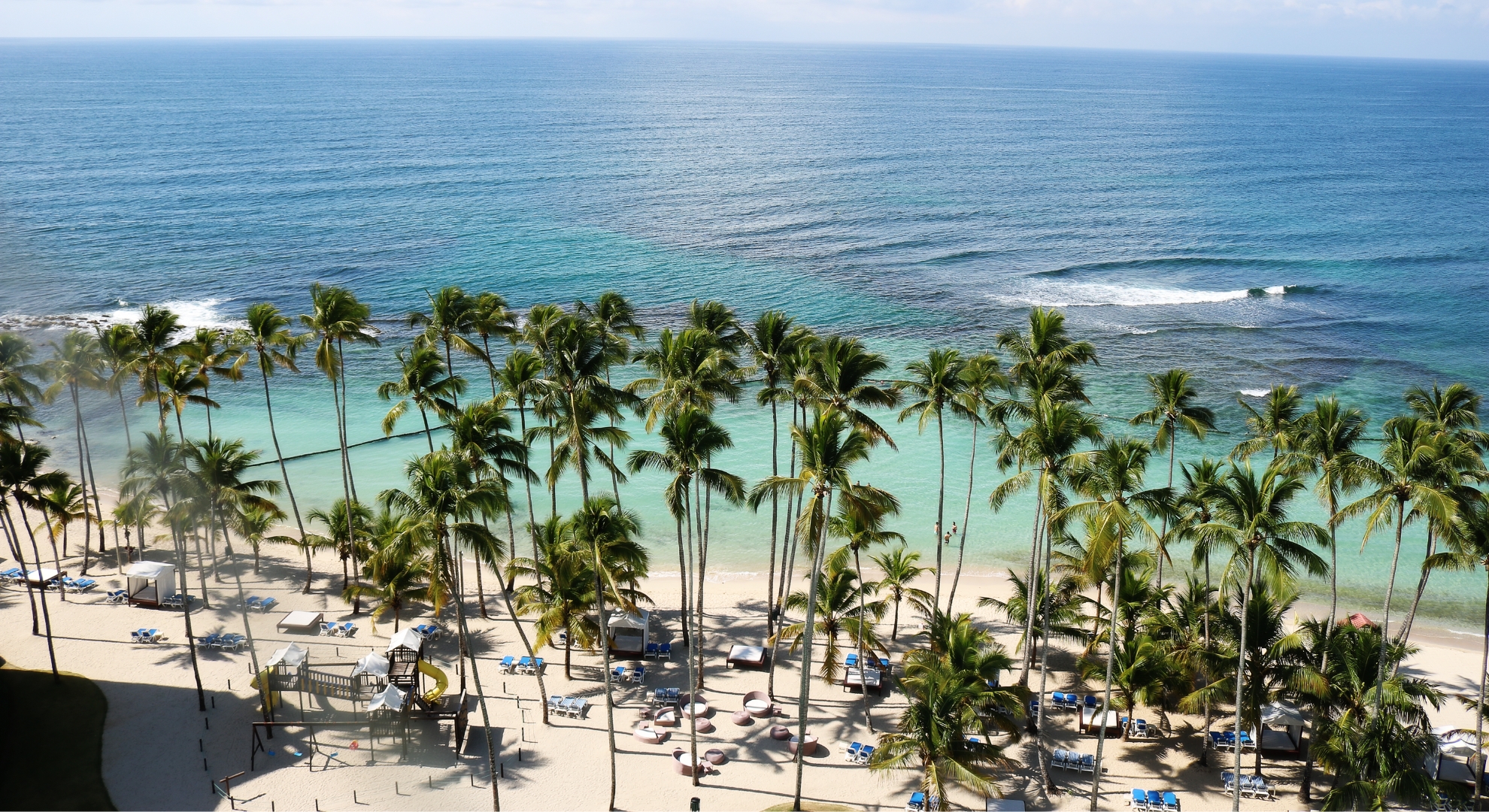 Scenic view of Jamaica's coastline from an airplane, highlighting palm trees and the clear blue sea along the beach.