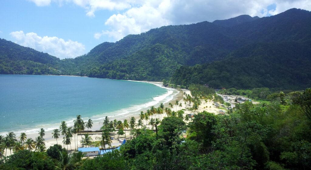 Scenic view of Trinidad & Tobago's beach and mountains from a hilltop, showcasing lush greenery and blue waters.