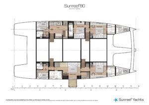 Floor plan of the SUNREEF 80 NALANI catamaran, showcasing layout and design features for optimal space utilization.